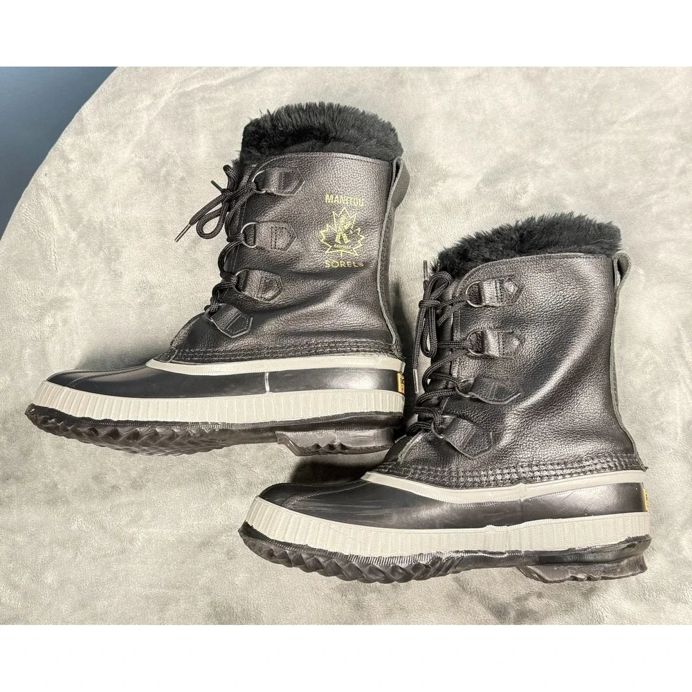 Sorel Caribou Boots Women's 9 Black Leather Fur Lined Winter Snow Duck
